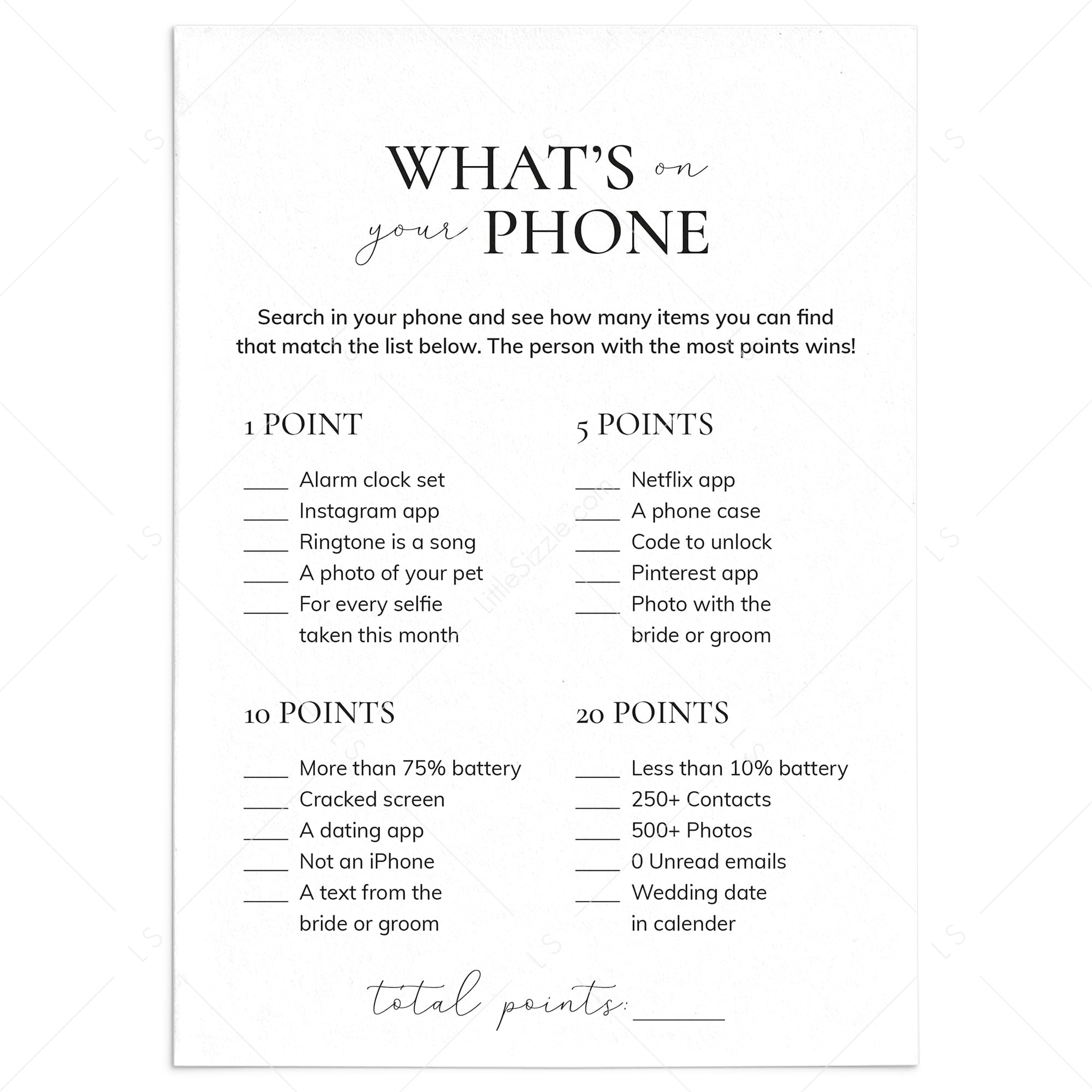 What's On Your Phone Engagement Party Game Printable Instant Download