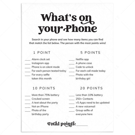 What's On Your Phone Printable Birthday Party Game for Her by LittleSizzle
