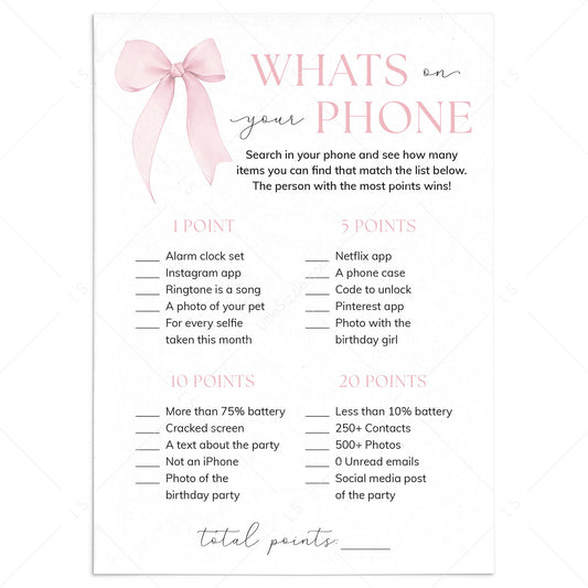 Coquette Birthday Game Whats On Your Phone Printable by LittleSizzle