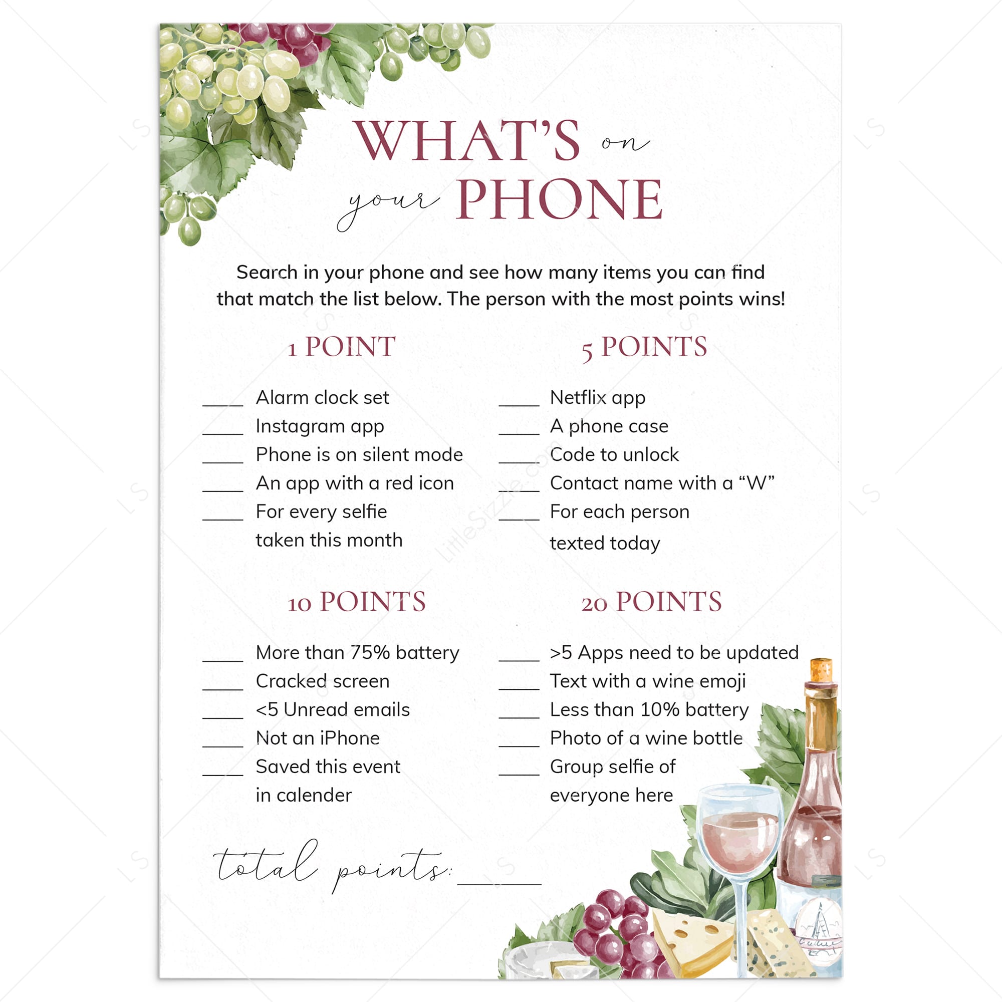 Printable What's On Your Phone Wine Game by LittleSizzle