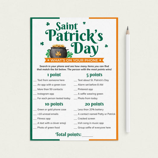 St Patricks Day Phone Game What's On Your Phone Printable by LittleSizzle
