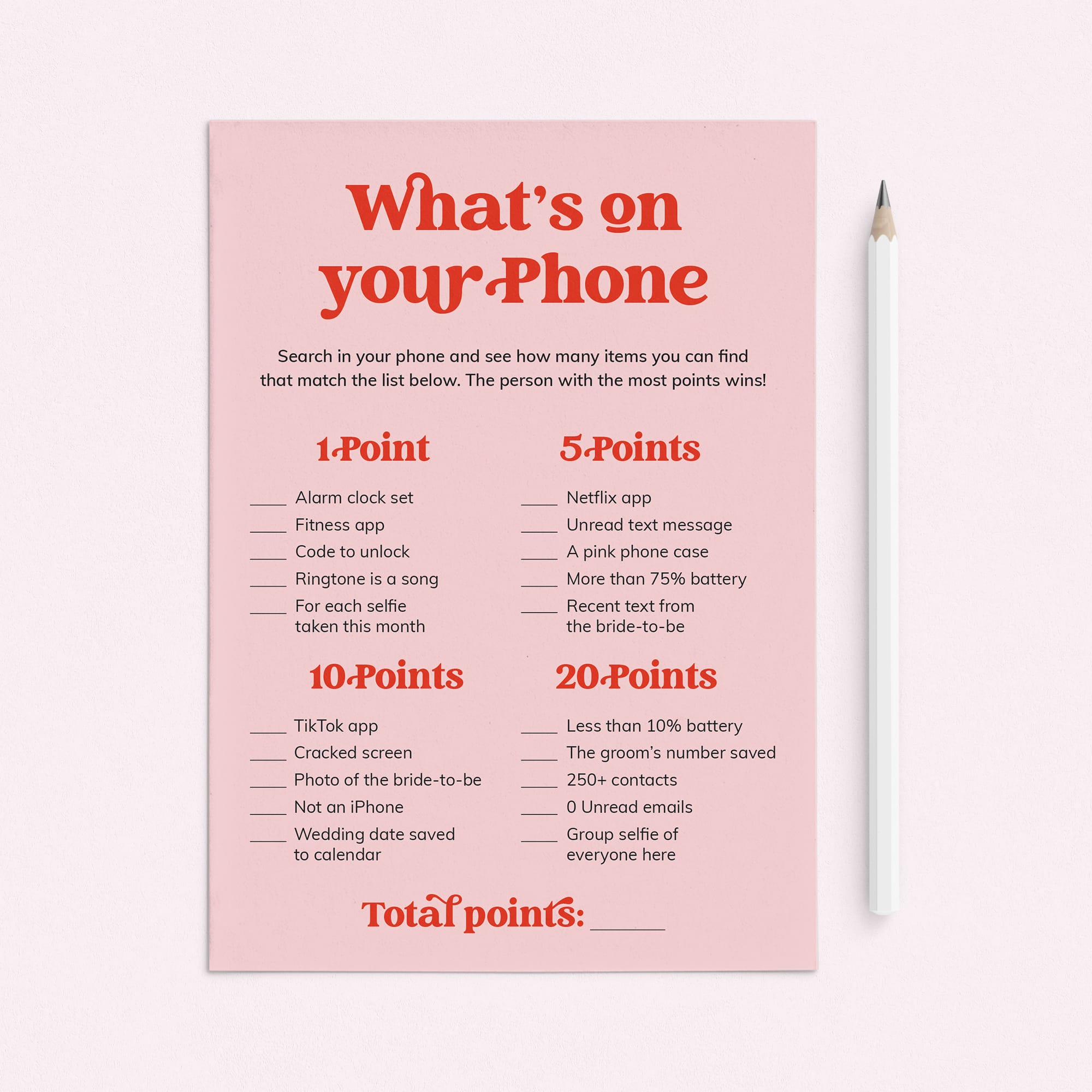 Bridal Shower What's On Your Phone Game Printable Pink and Red by LittleSizzle