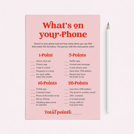 Bridal Shower What's On Your Phone Game Printable Pink and Red by LittleSizzle