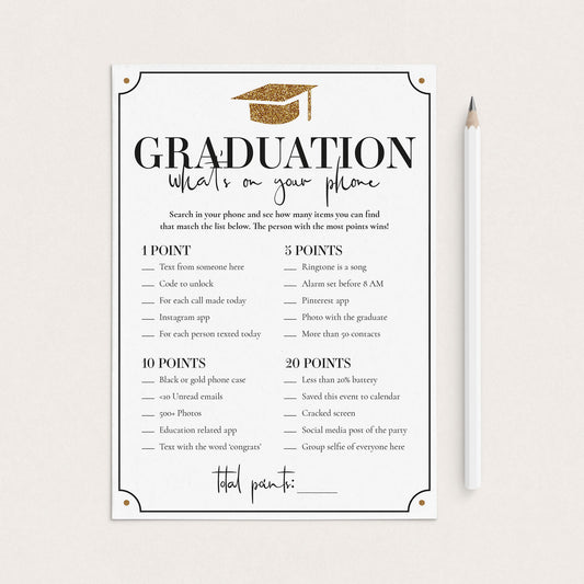 Gold Graduation Party Game What's In Your Phone by LittleSizzle