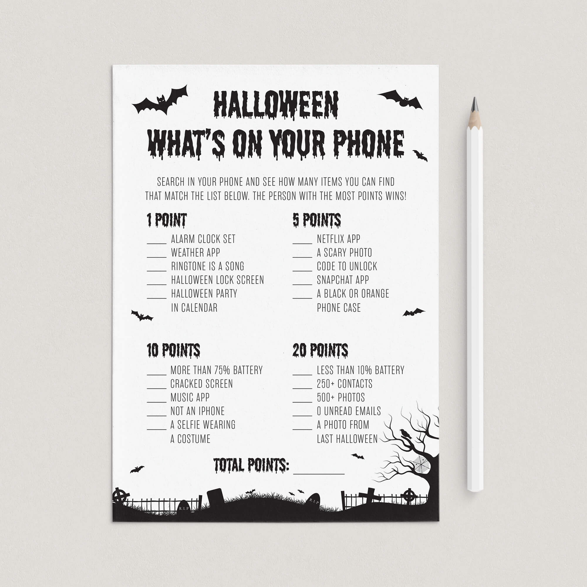 Black and White Halloween Party Game for Adults What's On Your Phone by LittleSizzle