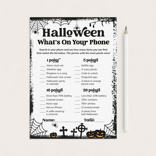 A Halloween-themed phone trivia worksheet with black text and spooky spiderweb, cobwebs, tombstones, and jack-o'-lantern illustrations on a white page, shown on a light beige background with a white pencil beside it.