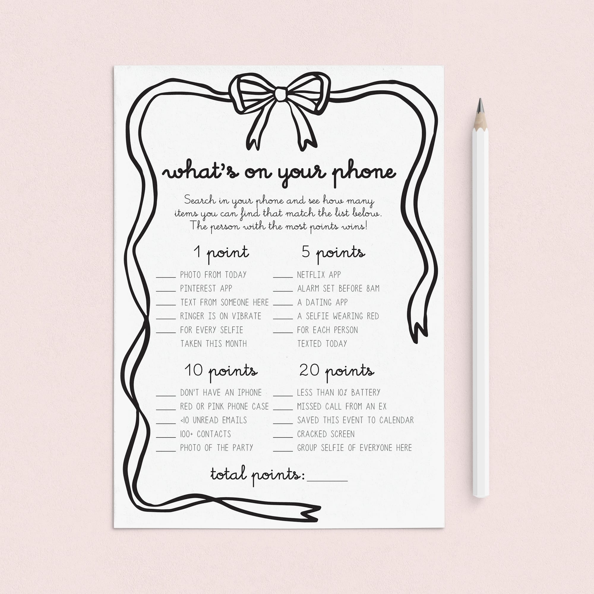 Girls Night Phone Game Printable What's On Your Phone Coquette Bow by LittleSizzle