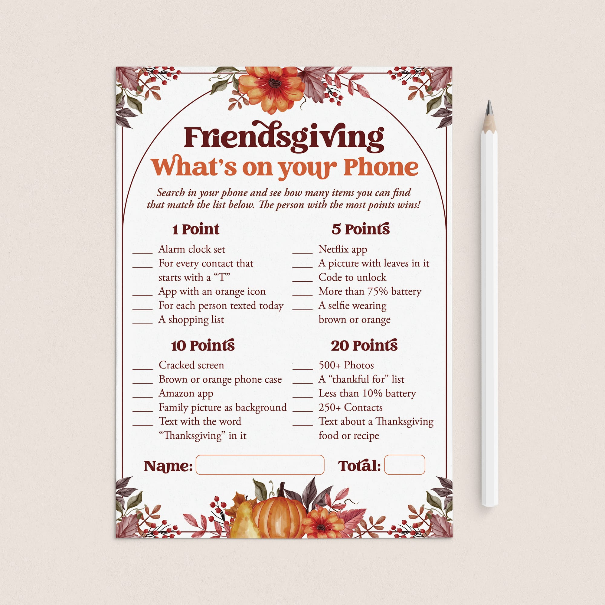 Friendsgiving Game for Adults Printable What's On Your Phone by LittleSizzle