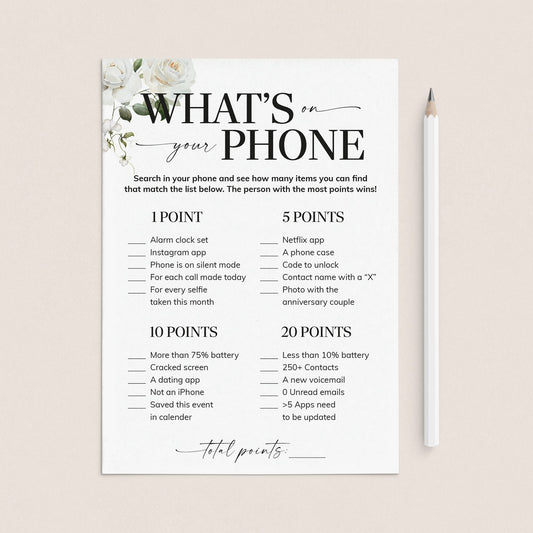 What's On Your Phone Anniversary Party Game White Floral by LittleSizzle