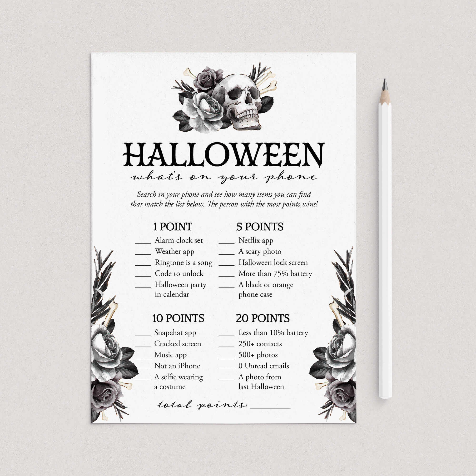 Printable Halloween Phone Game Black Floral Skull by LittleSizzle