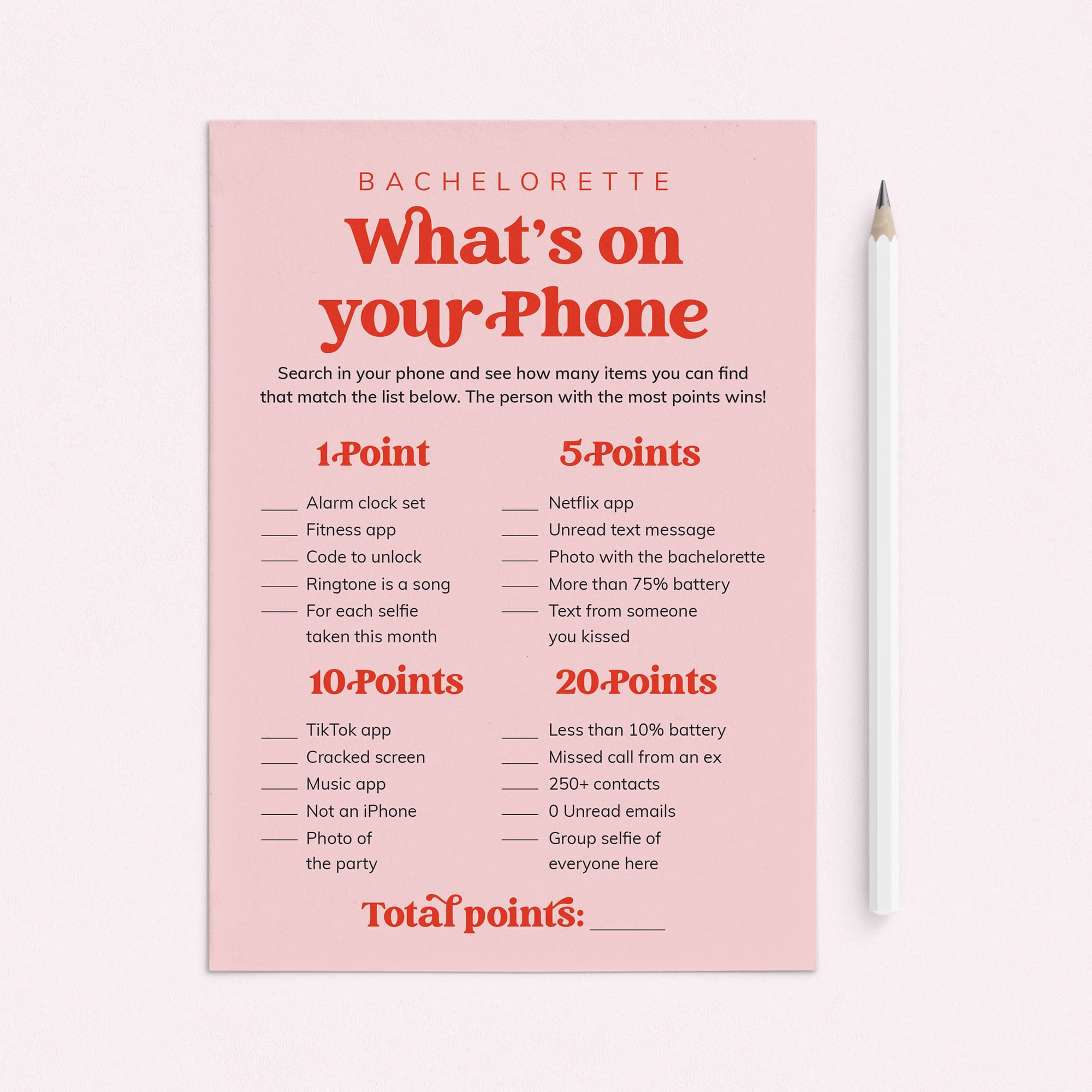 Bachelorette Party Phone Game Printable Pink and Red by LittleSizzle