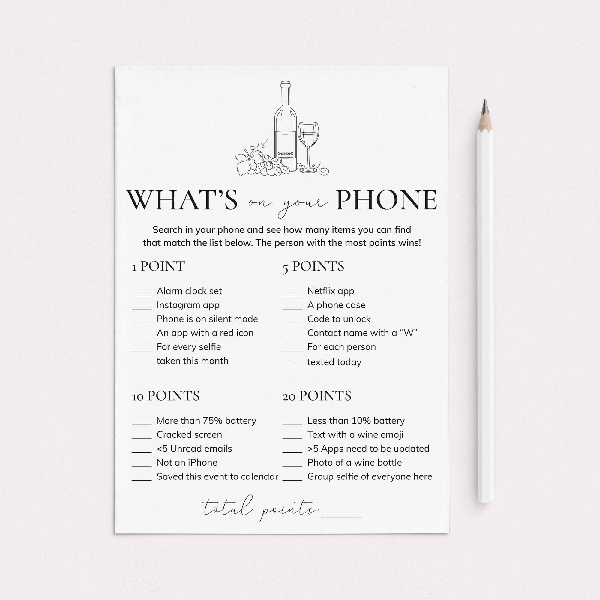 Wine Party Game What's On Your Phone Printable by LittleSizzle