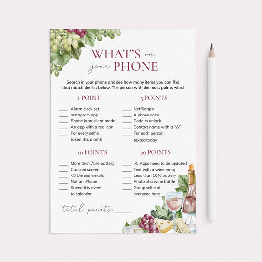 Printable What's On Your Phone Wine Game nby LittleSizzle