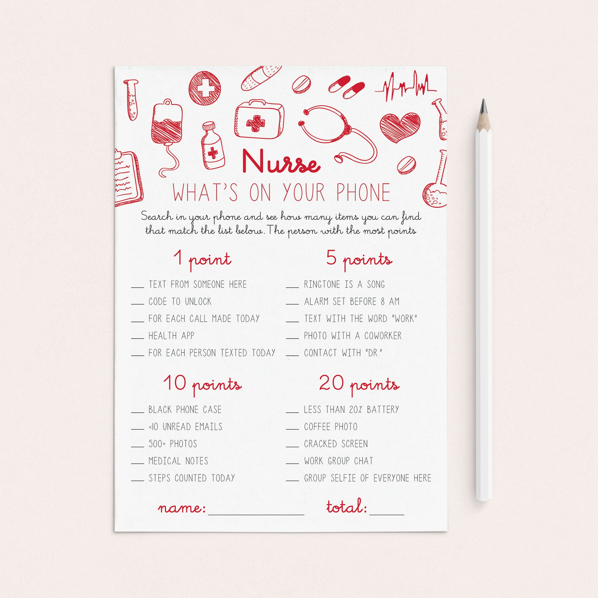 Nurse What's On Your Phone Game Printable by LittleSizzle