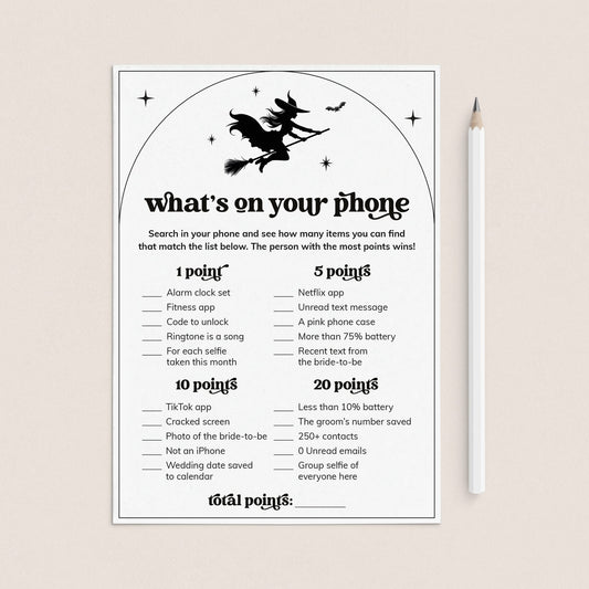 Sexy Witch Bridal Shower Game Whats On Your Phone Digital Download by LittleSizzle