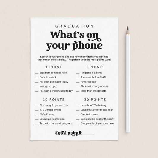 Graduation Party Game What's On Your Phone Printable by LittleSizzle