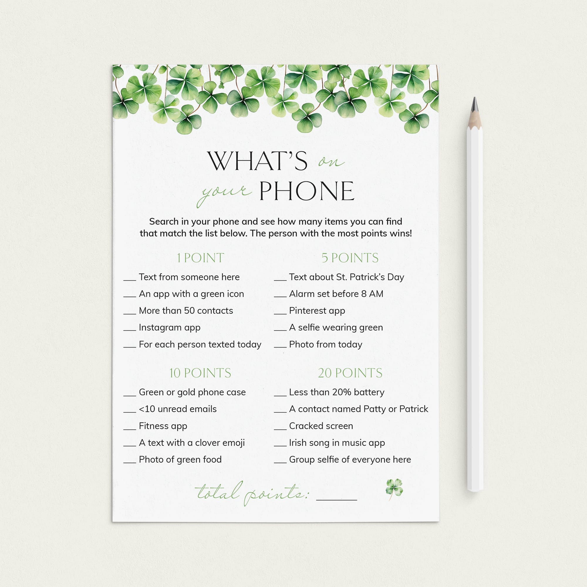 Printable St Patrick's Day What's On Your Phone Game by LittleSizzle