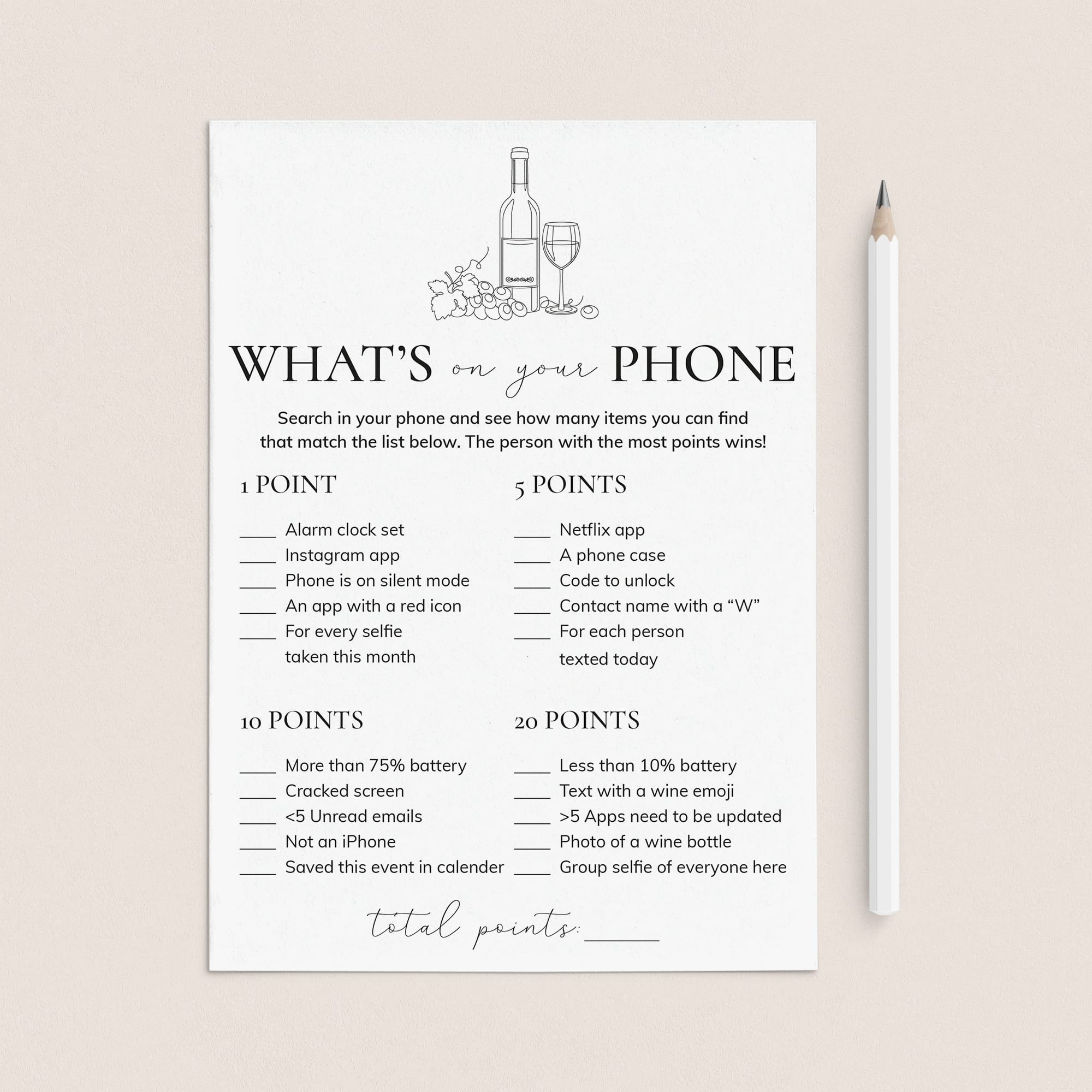 Wine Party Game What's On Your Phone Printable by LittleSizzle