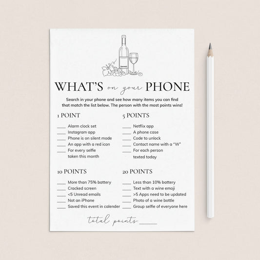 Wine Party Game What's On Your Phone Printable by LittleSizzle