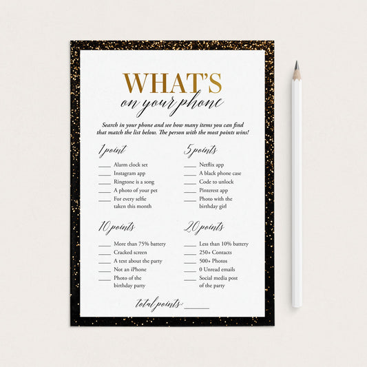 Gold and Black Birthday Party Game Whats On Your Phone Printable by LittleSizzle
