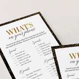 Gold and Black Birthday Party Game Whats On Your Phone Printable