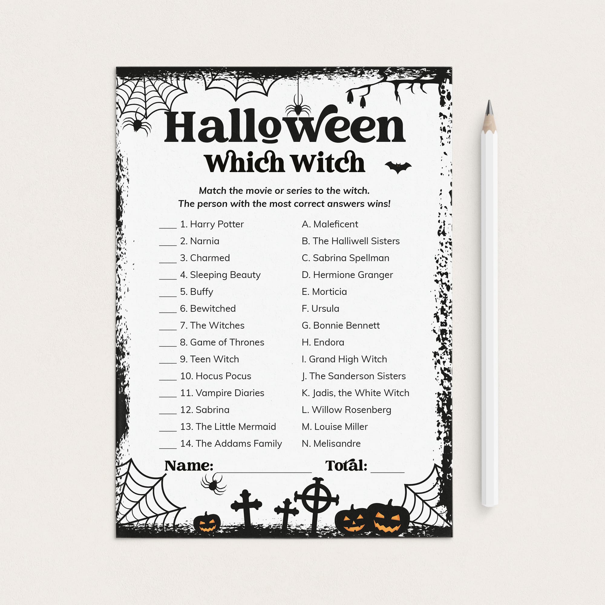 A printable Halloween-themed worksheet titled 'Halloween Which Witch' with black text and spooky black-and-white border graphics, shown on a light beige background with a white pencil beside it.