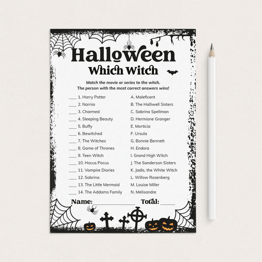 A printable Halloween-themed worksheet titled 'Halloween Which Witch' with black text and spooky black-and-white border graphics, shown on a light beige background with a white pencil beside it.