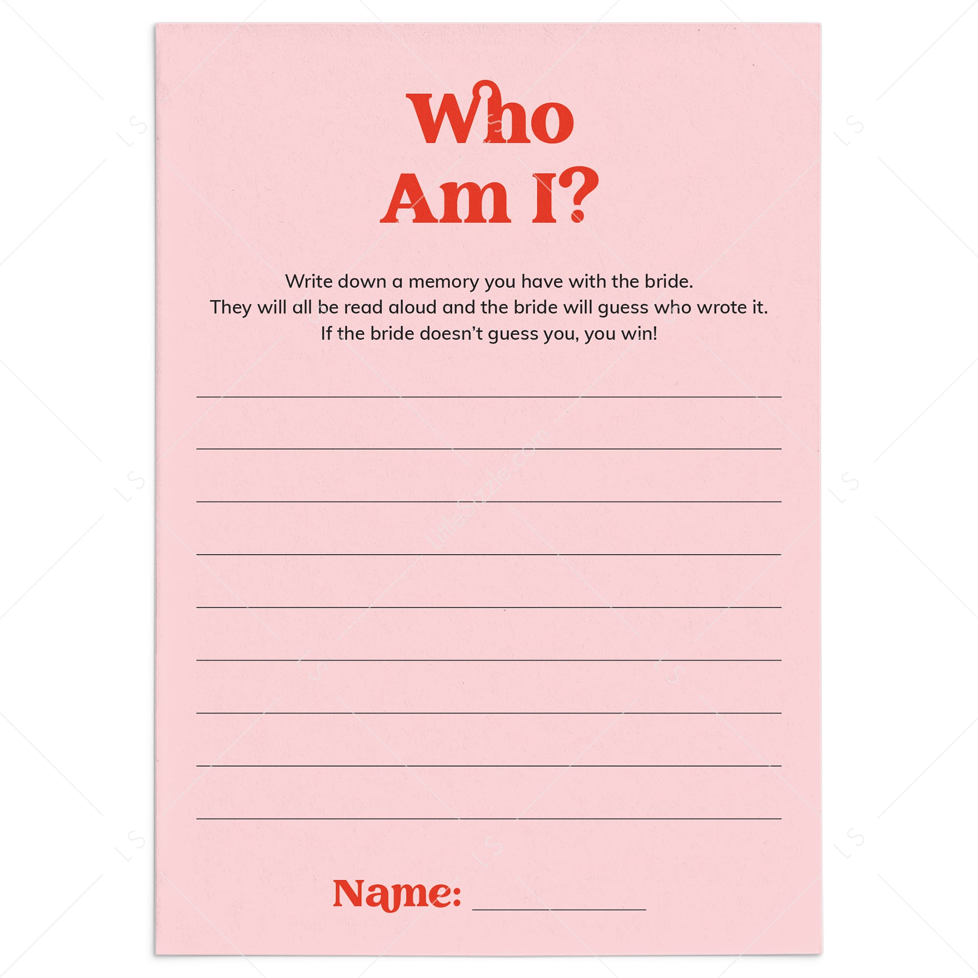 Who Am I Bridal Shower Game Pink and Red by LittleSizzle
