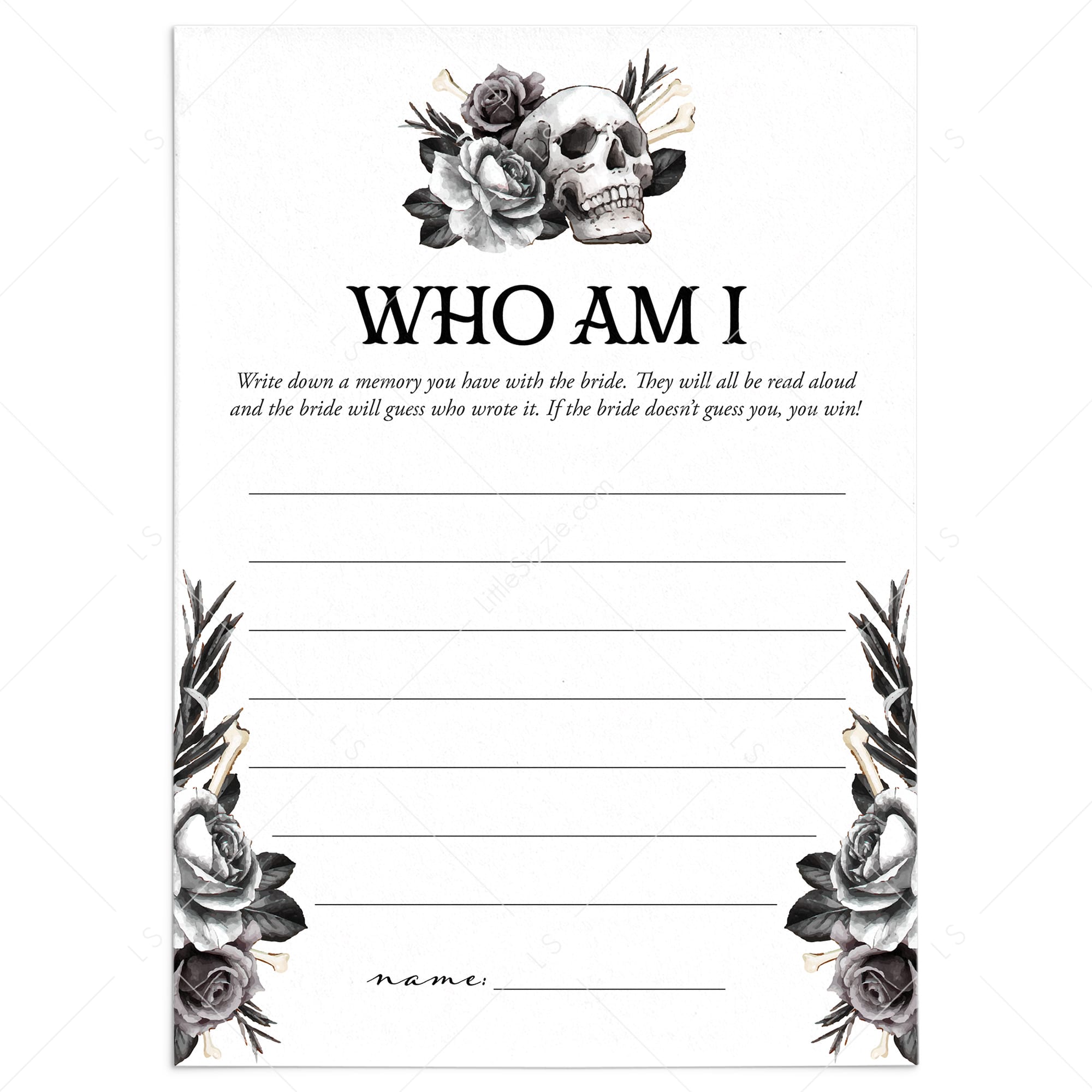 Black Floral Bridal Shower Game Who Am I by LittleSizzle