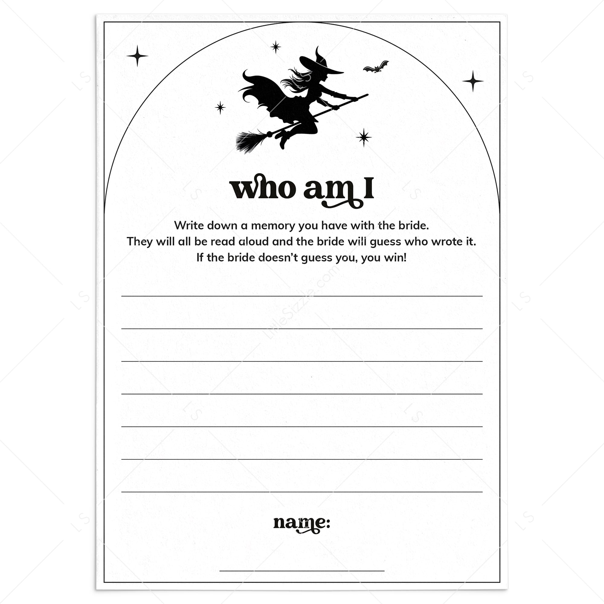 Witches Bridal Shower Who Am I Icebreaker Game Printable by LittleSizzle