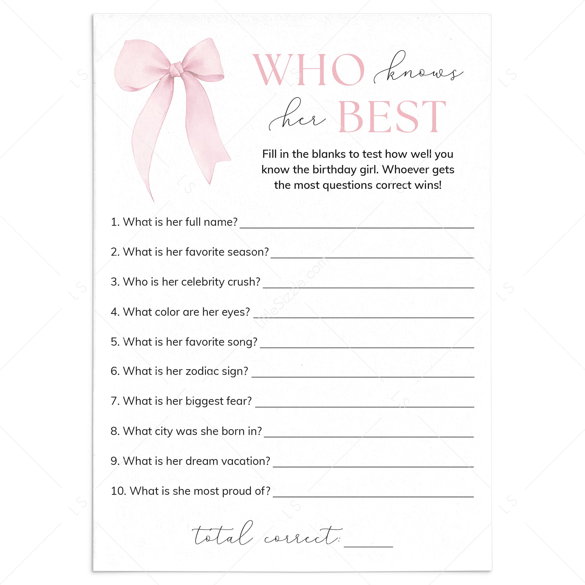 Who Knows The Birthday Girl Best Game Printable Coquette Bow Birthday by LittleSizzle