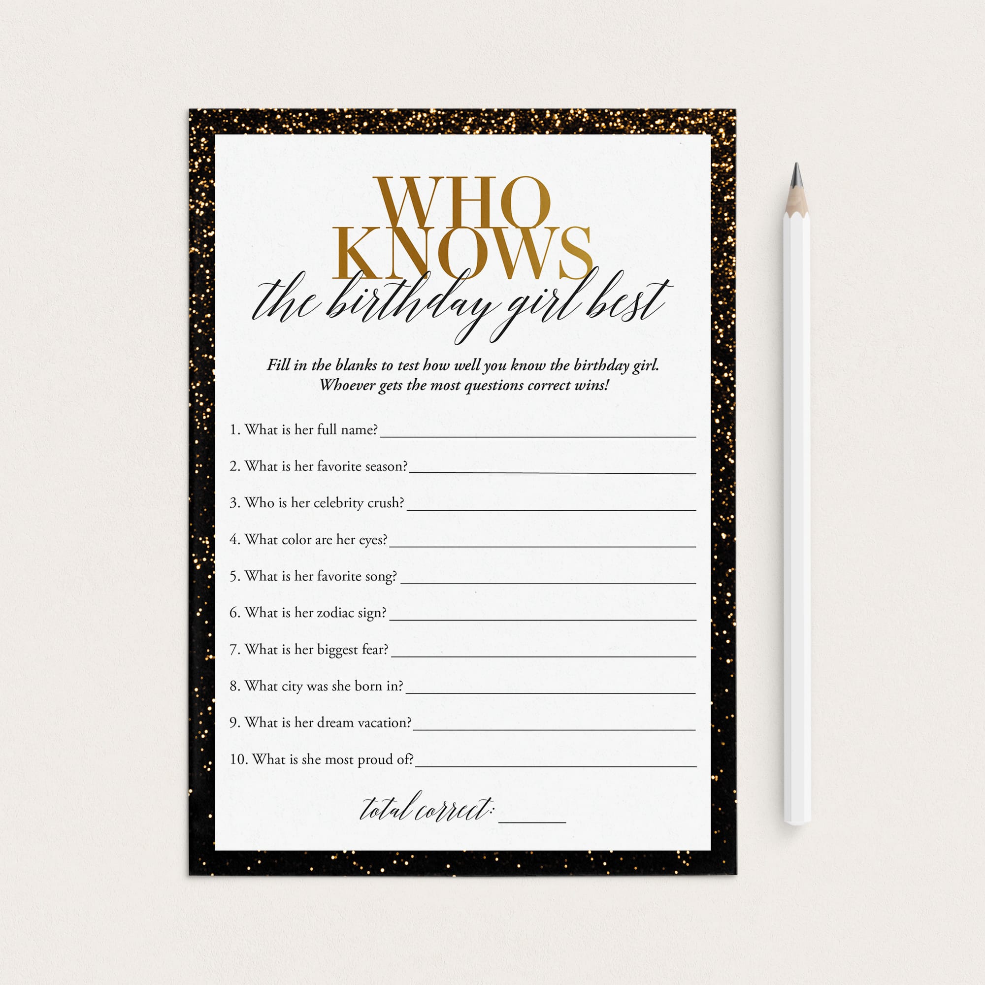 Who Knows The Birthday Girl Best Printable Black and Gold by LittleSizzle