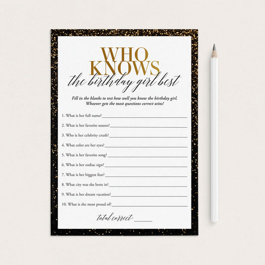 Who Knows The Birthday Girl Best Printable Black and Gold by LittleSizzle