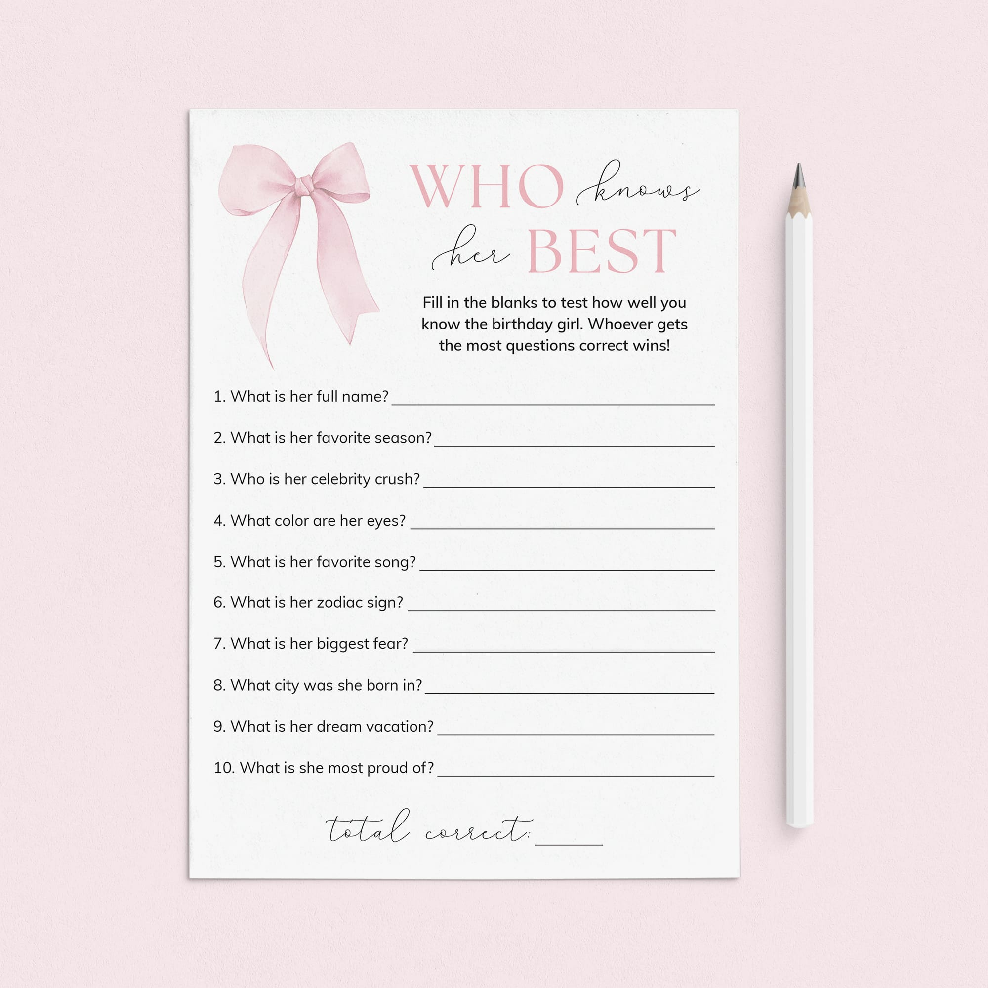 Who Knows The Birthday Girl Best Game Printable Coquette Bow Birthday by LittleSizzle