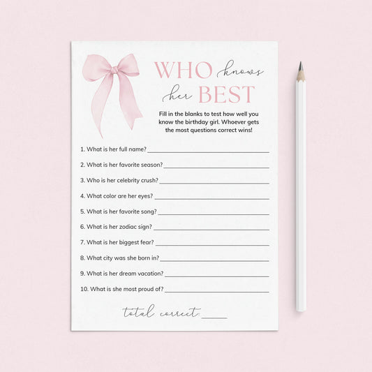 Who Knows The Birthday Girl Best Game Printable Coquette Bow Birthday by LittleSizzle