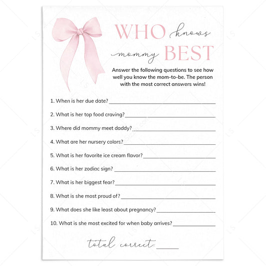 Printable Pink Bow Baby Shower Game Who Knows Mommy Best by LittleSizzle