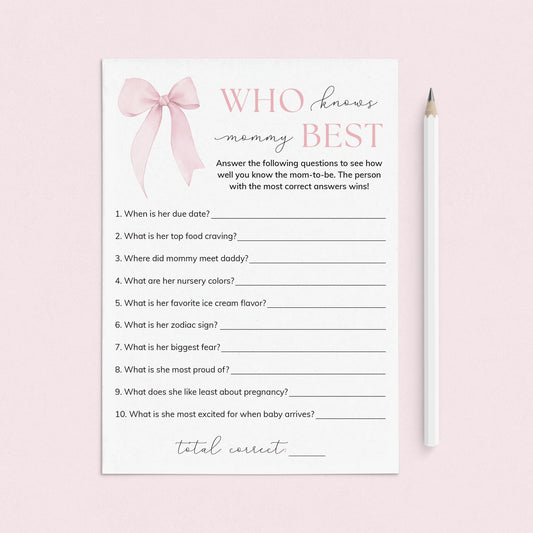 Printable Pink Bow Baby Shower Game Who Knows Mommy Best by LittleSizzle