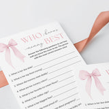 Printable Pink Bow Baby Shower Game Who Knows Mommy Best
