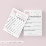 Printable Pink Bow Baby Shower Game Who Knows Mommy Best