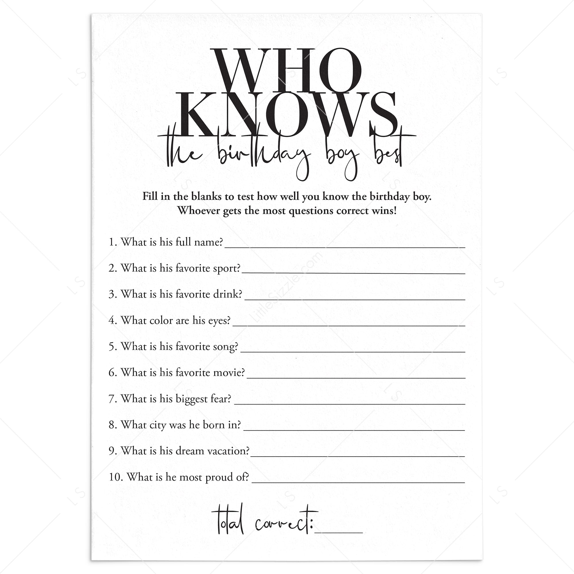 Who Knows The Birthday Boy Best Game Printable by LittleSizzle