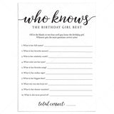 Birthday Trivia Game Printable Who Knows The Birthday Girl Best by LittleSizzle