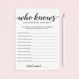Birthday Trivia Game Printable Who Knows The Birthday Girl Best by LittleSizzle