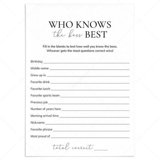 Printable Who Knows The Boss Best Quiz | Fun Office Party Game by LittleSizzle