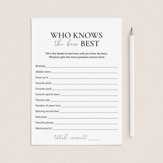 Printable Who Knows The Boss Best Quiz | Fun Office Party Game by LittleSizzle