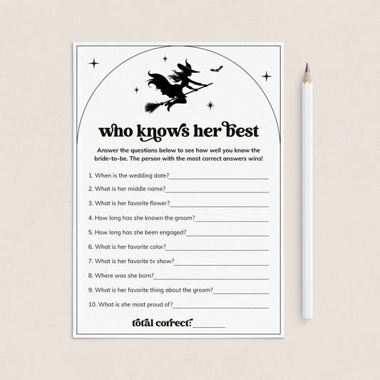 Printable Who Knows The Bride Best Game for Witchy Bridal Shower by LittleSizzle