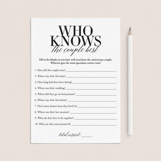 Anniversary Party Trivia Game Who Knows The Couple Best Printable by LittleSizzle