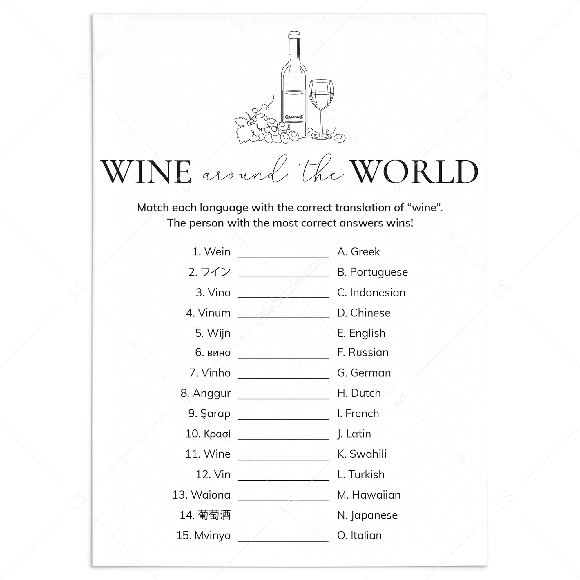 Wine Party Game Wine In Different Languages with Answers by LittleSizzle