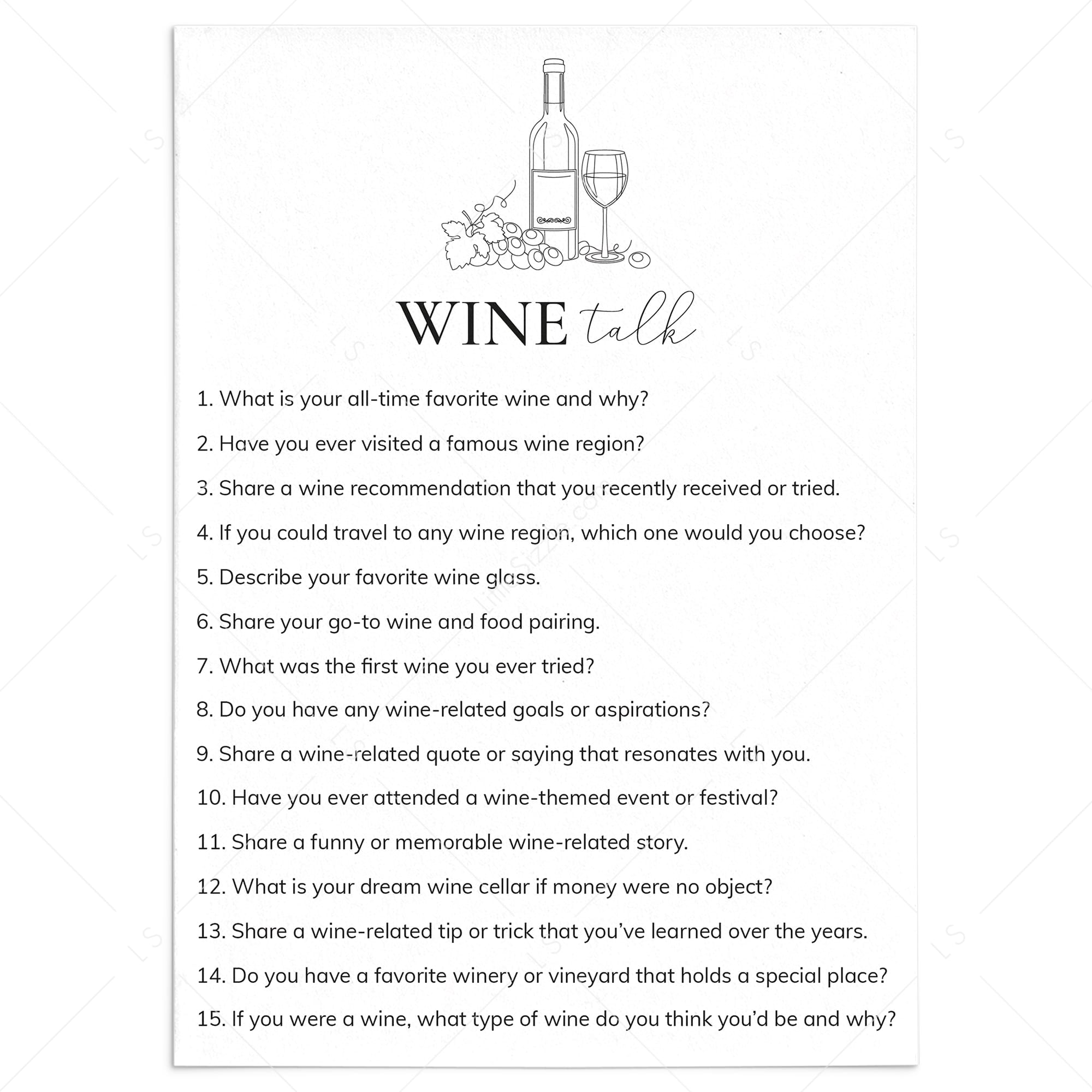 Wine Party Conversation Starter Wine Talk by LittleSizzle