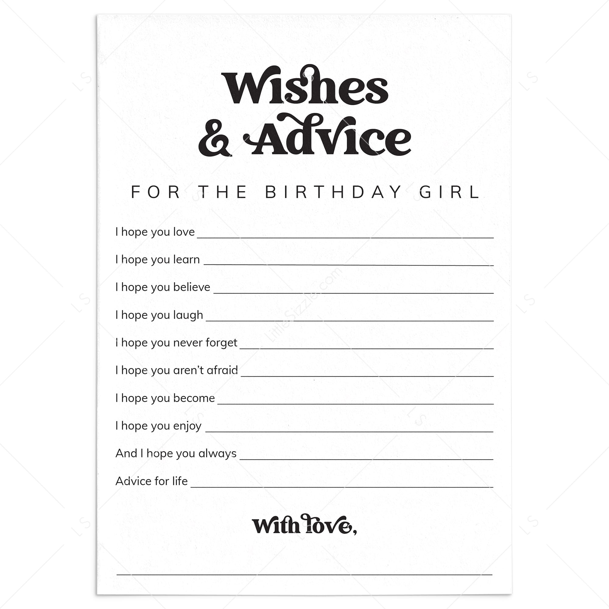 Wishes and Advice for the Birthday Girl Printable by LittleSizzle
