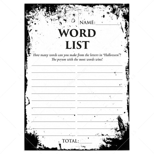 Halloween Word List Game Printable | Eerie Grunge by LittleSizzle
